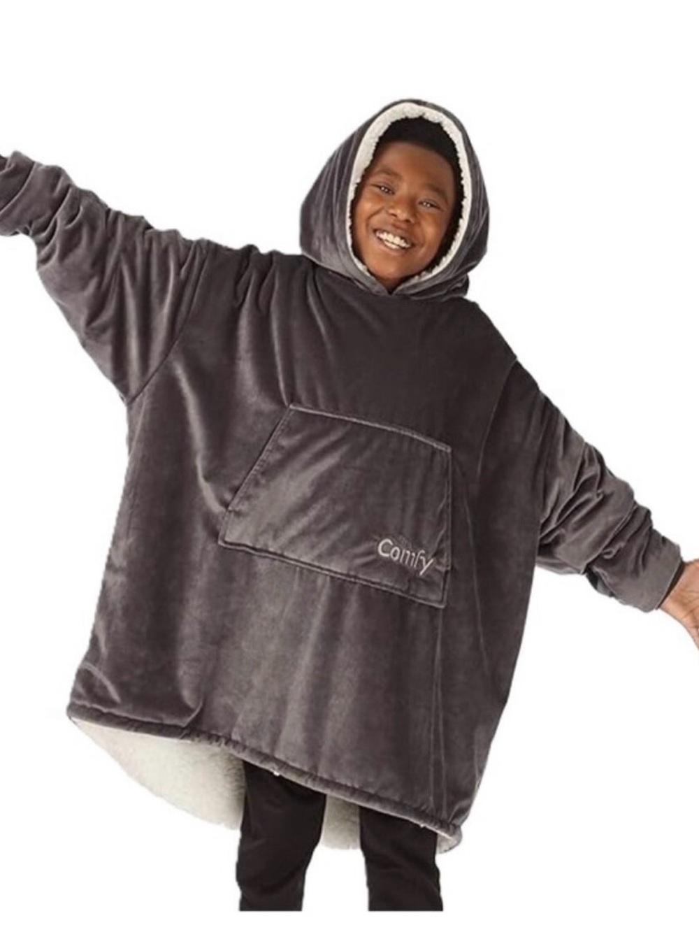 THE COMFY JR Original Sherpa Lined Hooded Oversized Wearable Blanket - Gray